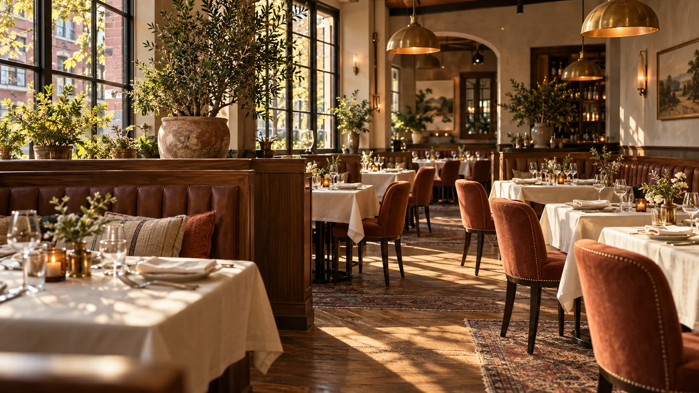 Illustrative neighborhood dining room with walnut booths and warm pendant lighting