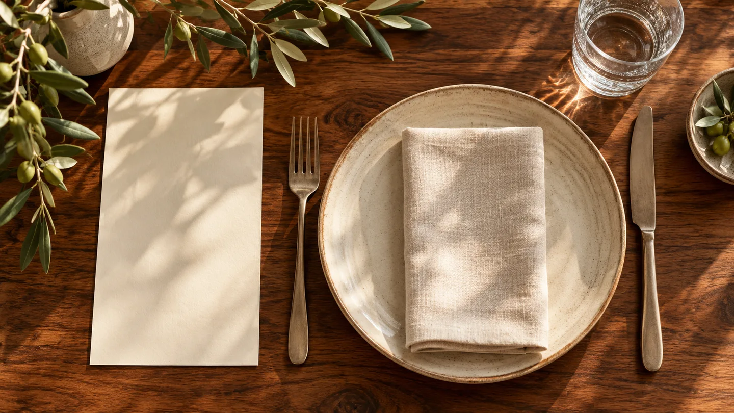 Cream paper menu and place setting on a walnut table