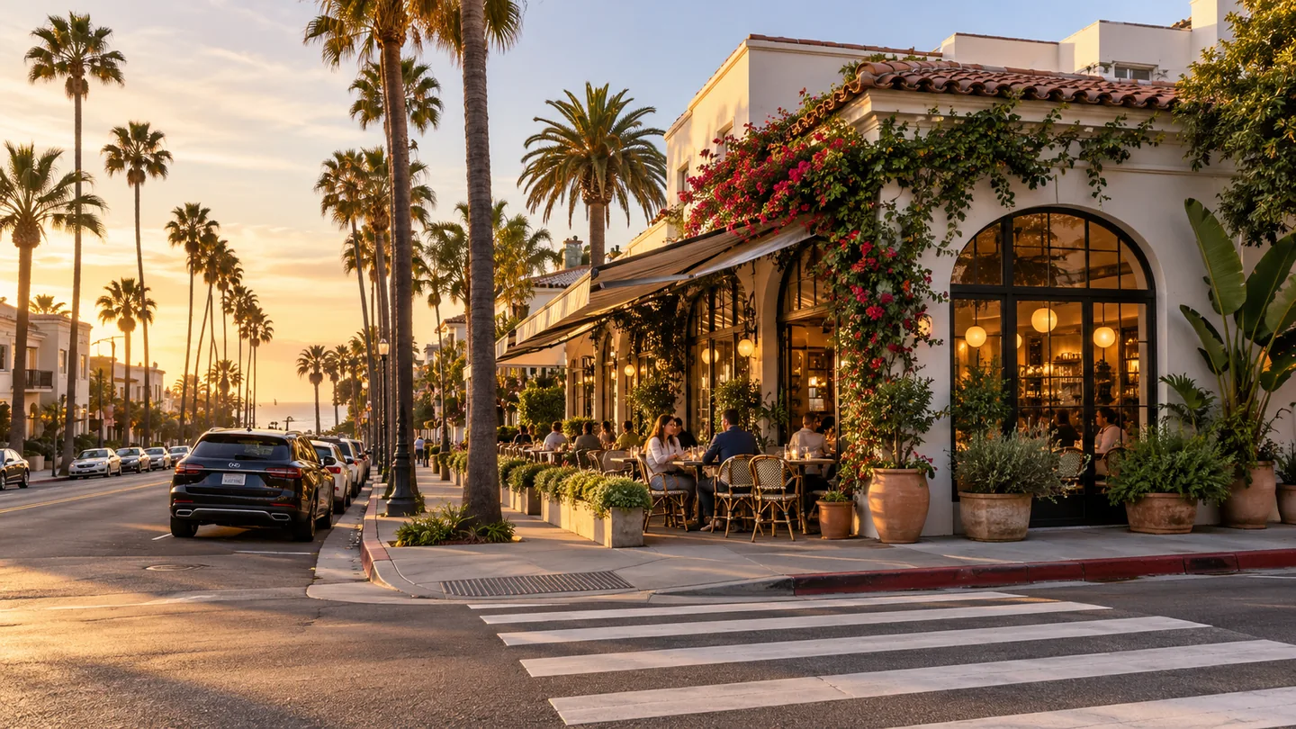 Illustrative California dining district with sidewalks and parked cars