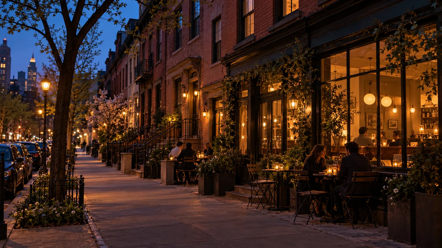 Imagined Village-inspired streetscape with warm restaurant windows