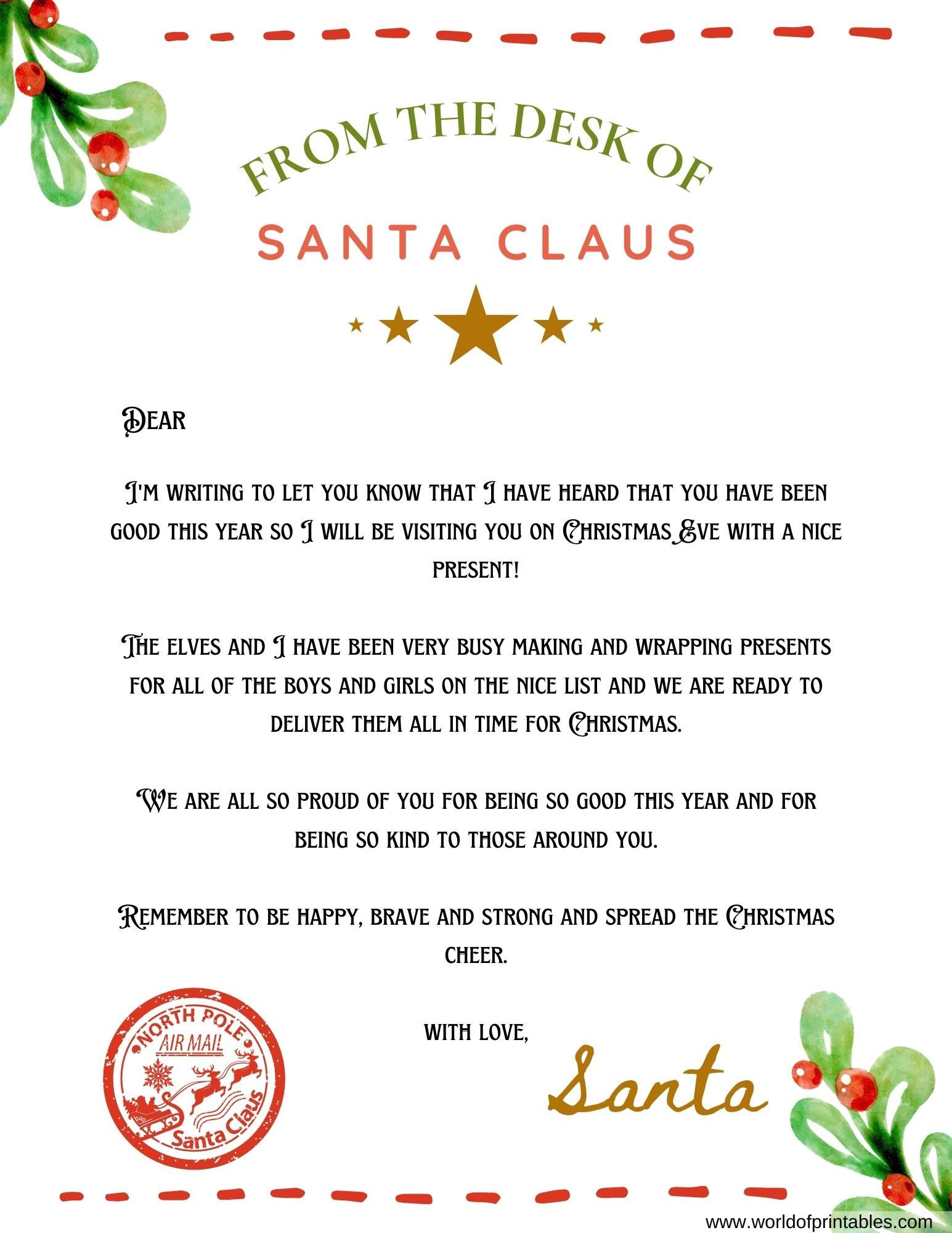 10 Best Free Letter From Santa Templates - World Of Printables within Free Printable Letter From Father Christmas