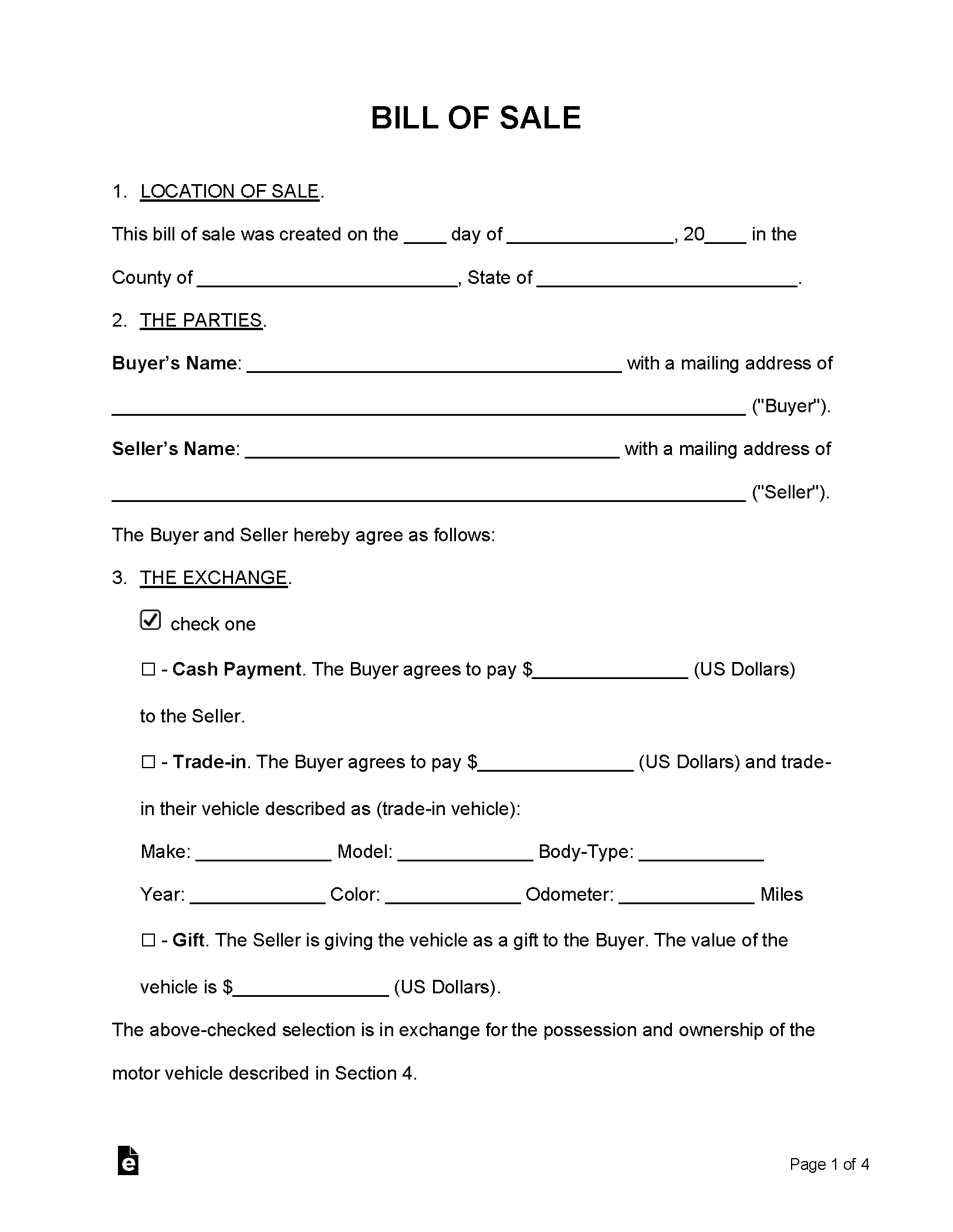 Free Bill Of Sale Forms (24) - Pdf | Word – Eforms in Free Printable Bill of Sale