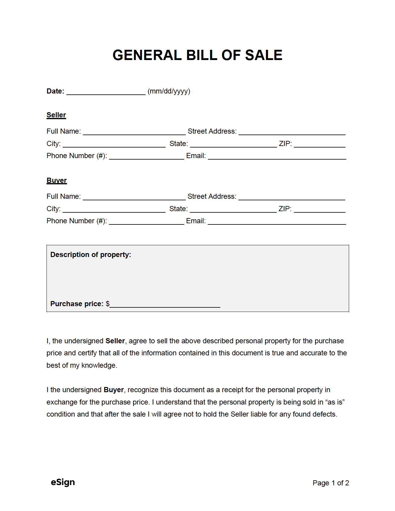 Free General Bill Of Sale Form | Pdf | Word for Free Printable Bill of Sale