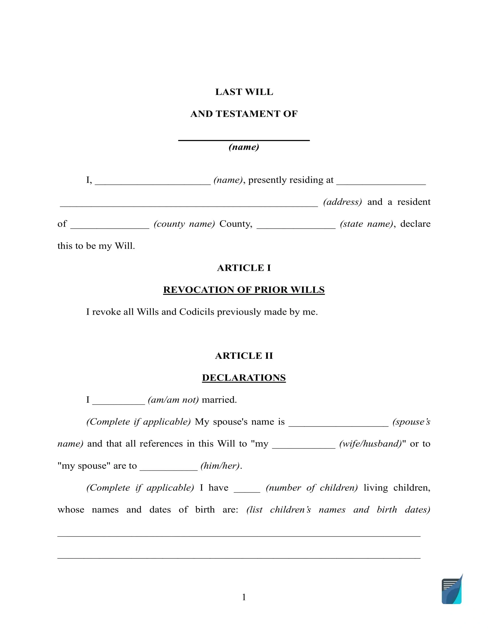 Free Last Will And Testament Template ⇒ Will Forms In Pdf And Doc pertaining to Free Printable Will Forms