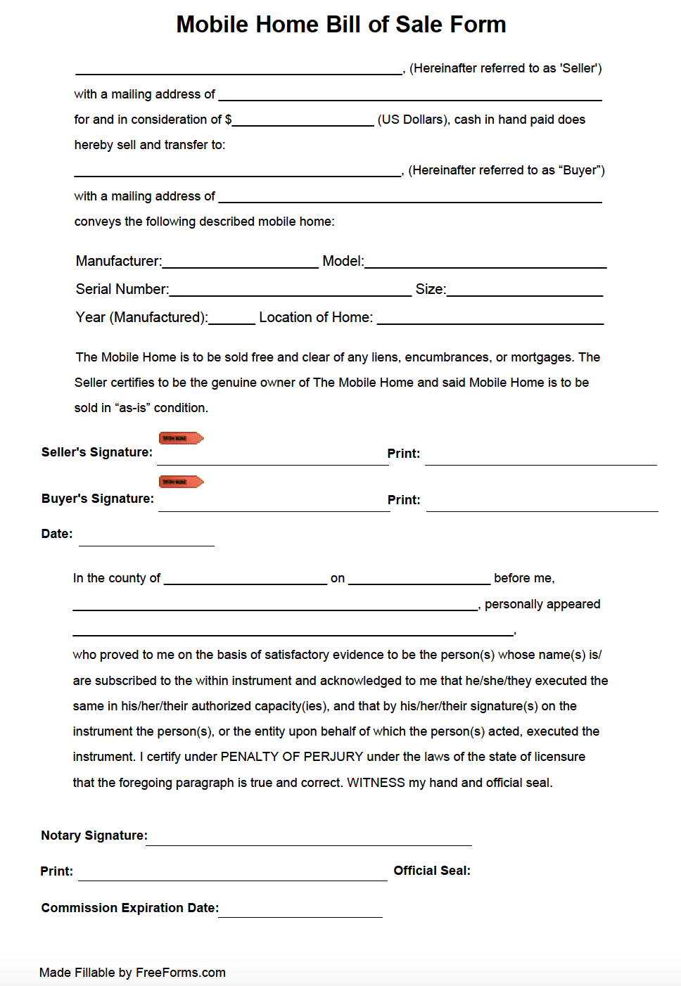 Free Mobile (Manufactured) Home Bill Of Sale Form | Pdf within Printable Mobile Home Bill of Sale Template Free Download