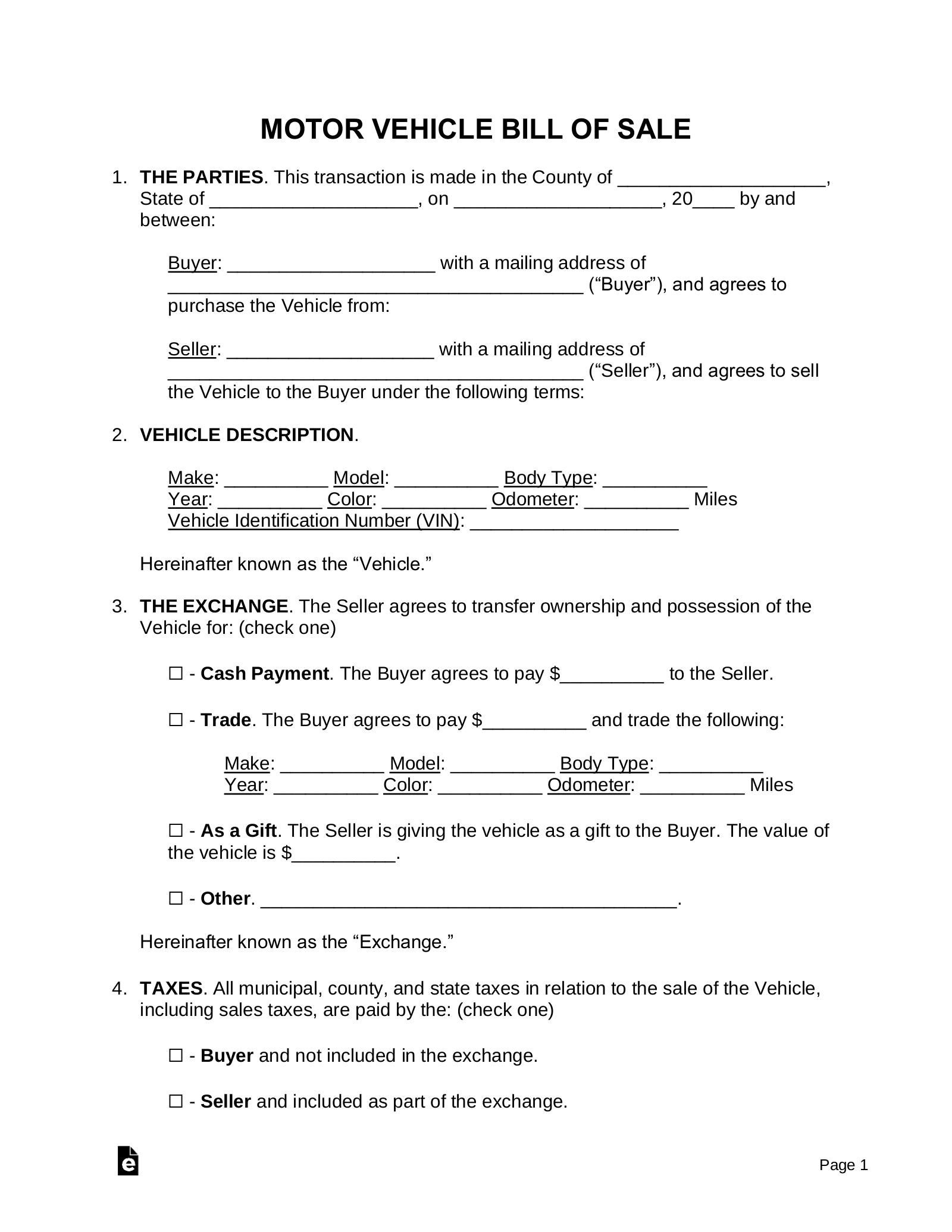 Free Motor Vehicle (Dmv) Bill Of Sale Form - Pdf | Word – Eforms inside Free Printable Bill Of Sale For Car