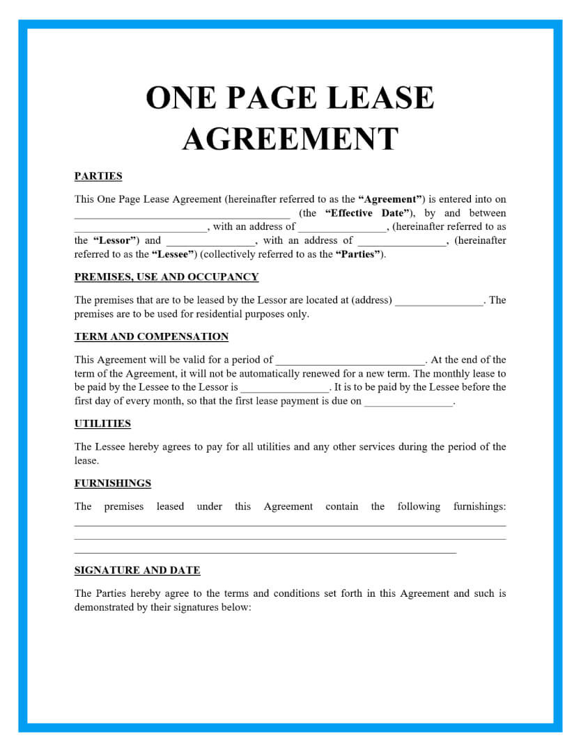 Free One Page Lease Agreement Templates for Free Printable Lease Agreement