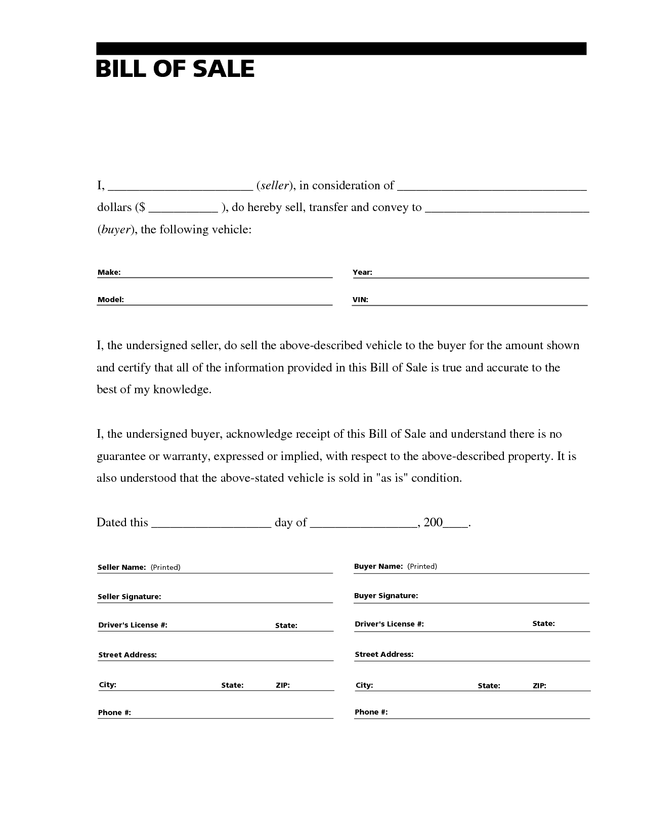 Free Printable Auto Bill Of Sale Form (Generic) with regard to Free Printable Bill of Sale for Car