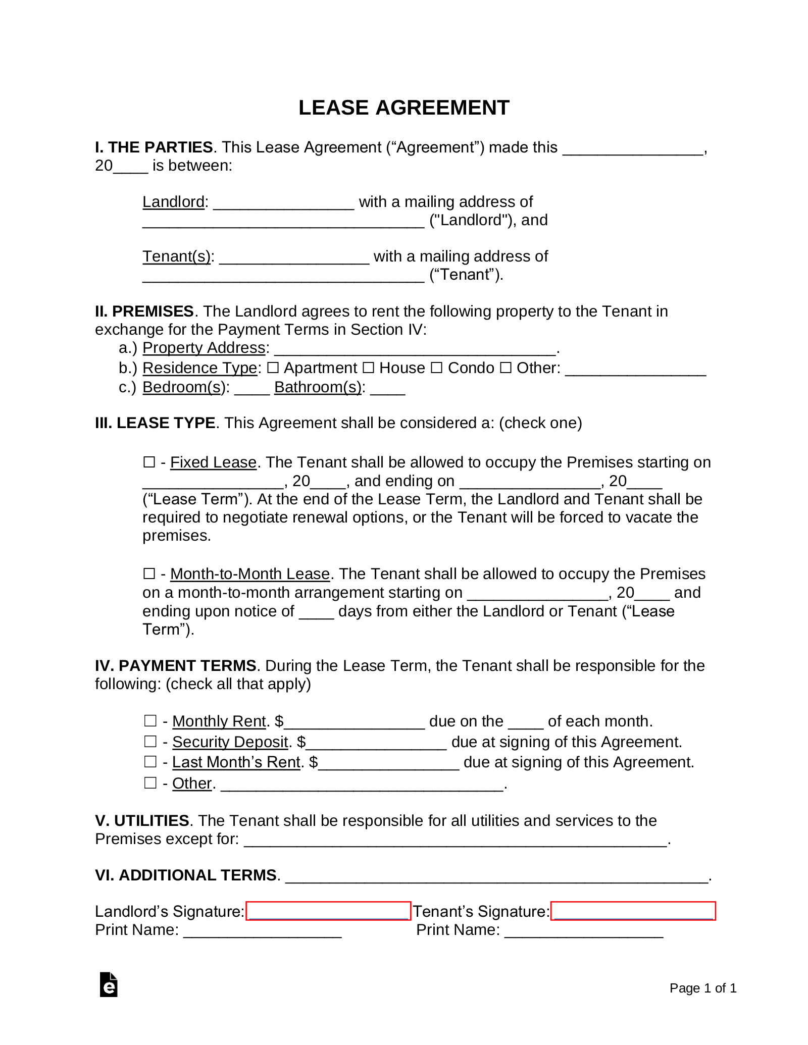 Free Simple 1-Page Lease Agreement Template | Sample - Pdf | Word regarding Free Printable Basic Rental Agreement