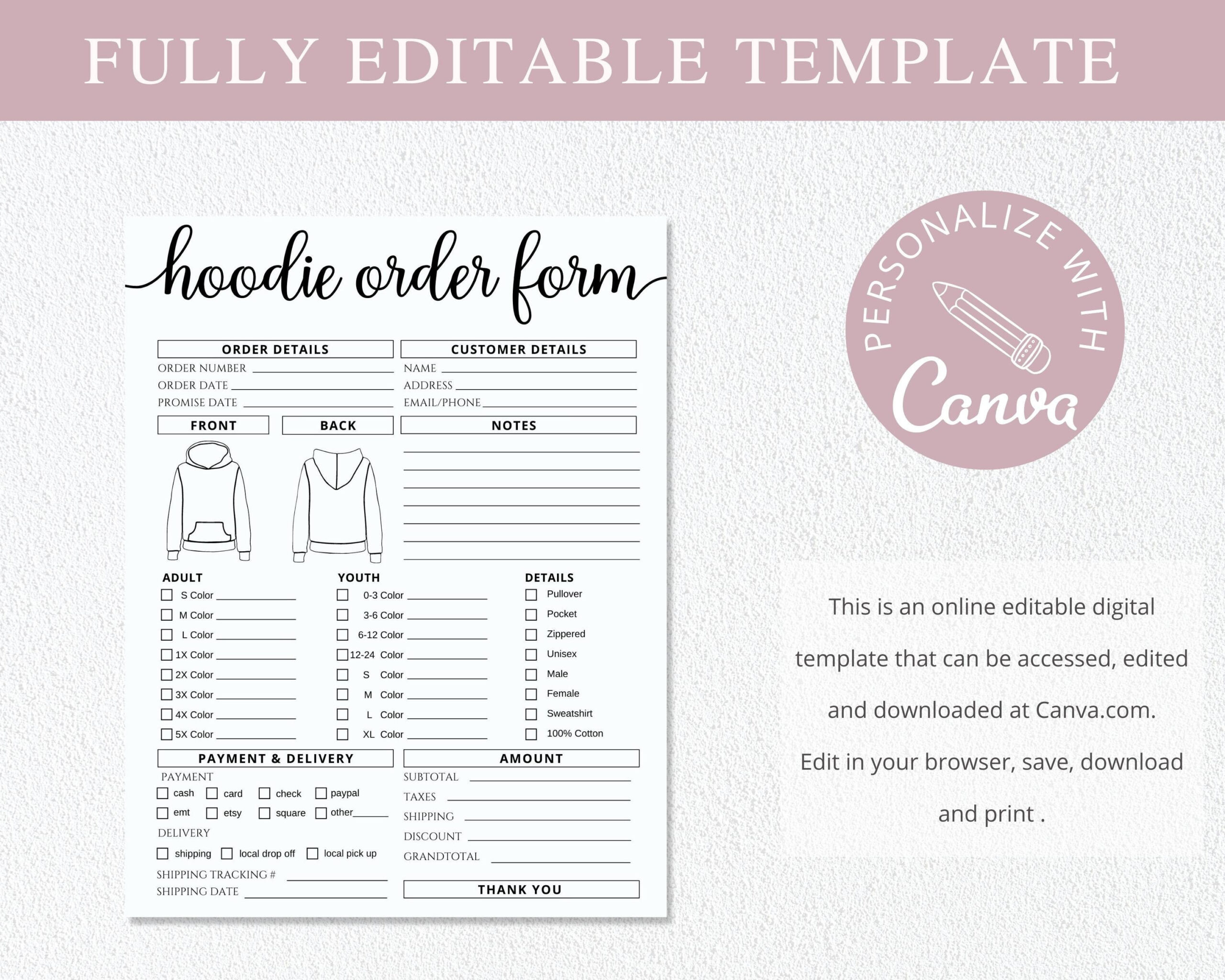 Hoodie Order Form Template I Editable Canva Invoice Template I T pertaining to Custom Sweatshirt Order Form Template Free Printable