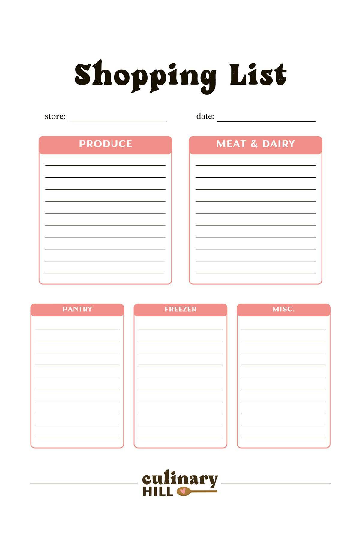 Shopping List Template - Culinary Hill for Free Printable Grocery List