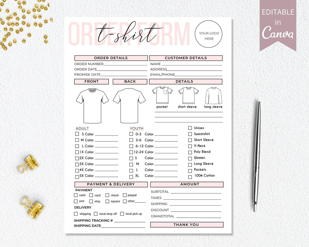 T-Shirt Order Form Template Editable Small Business T Shirt Order Forms Shirt Order Form Printable Business Canva Template. Dtp-004 - Etsy.de pertaining to Custom Sweatshirt Order Form Template Free Printable